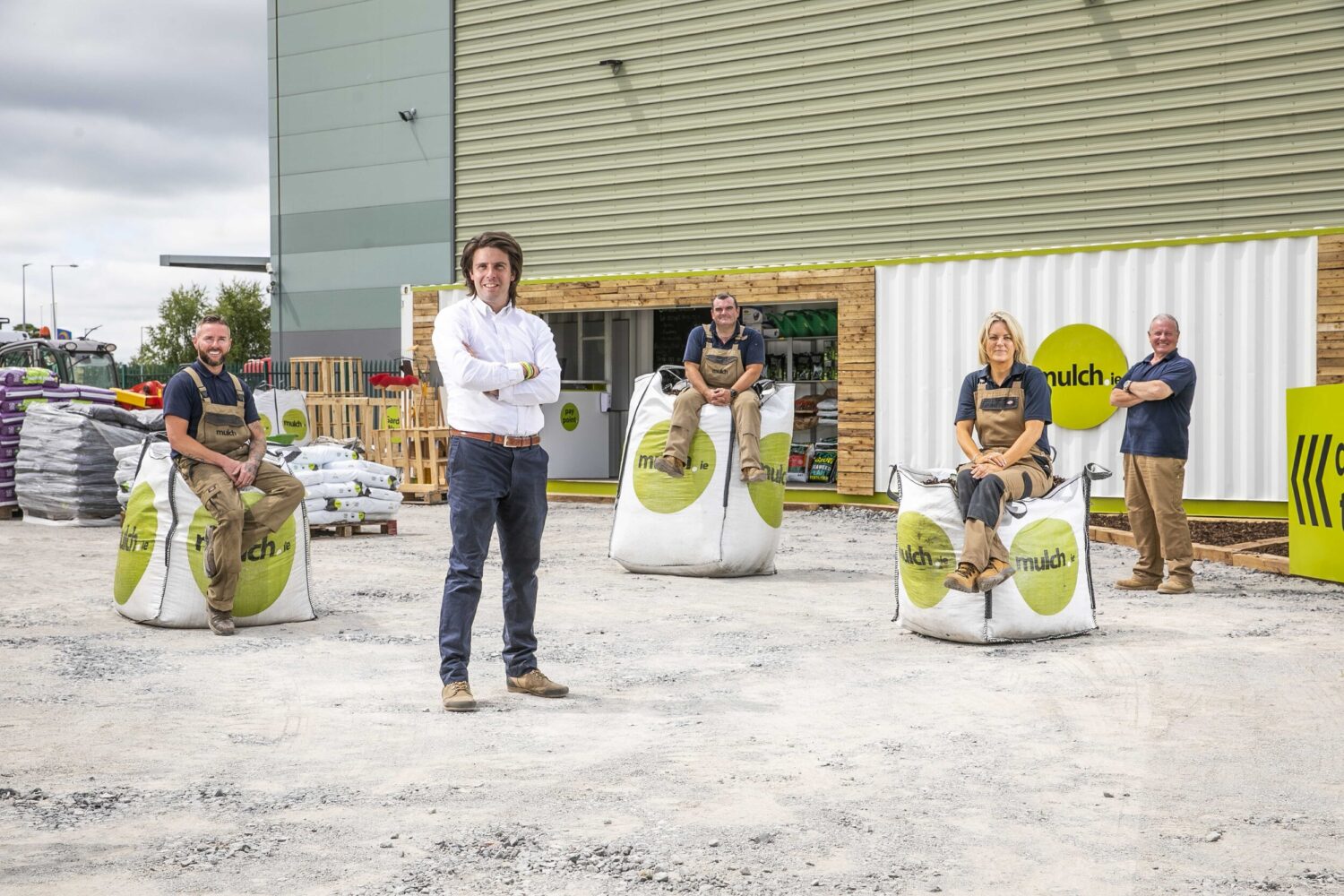 (l-r) John McGuinness, Founder of Mulch with staff at the new drive-thru store in Swords North, Dublin which opened today Monday 14th June. The new carbon neutral outlet marks the third store for the Irish business which provides sustainable garden solutions, including retail products such as organic peat-free composts along with its garden waste recycling service.